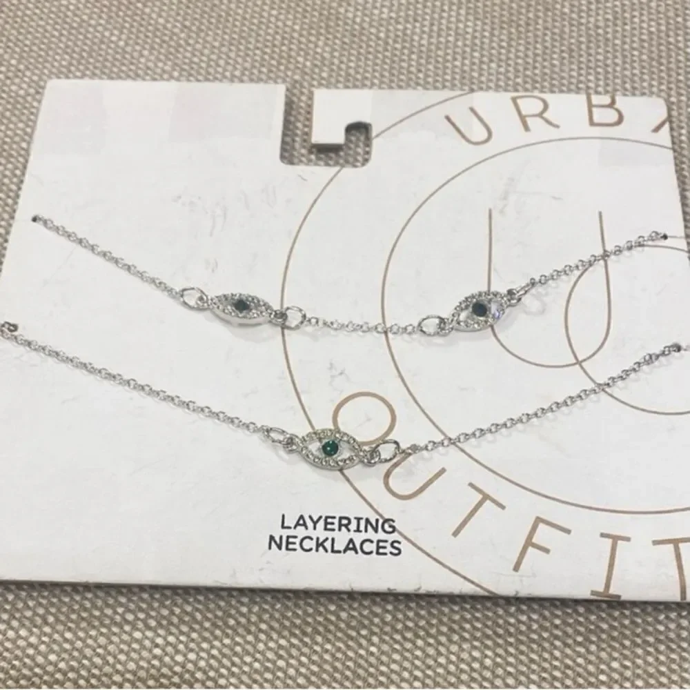 Urban Outfitters Evil Eye Rhinestone Silver Tone Double Chain Layered Necklace